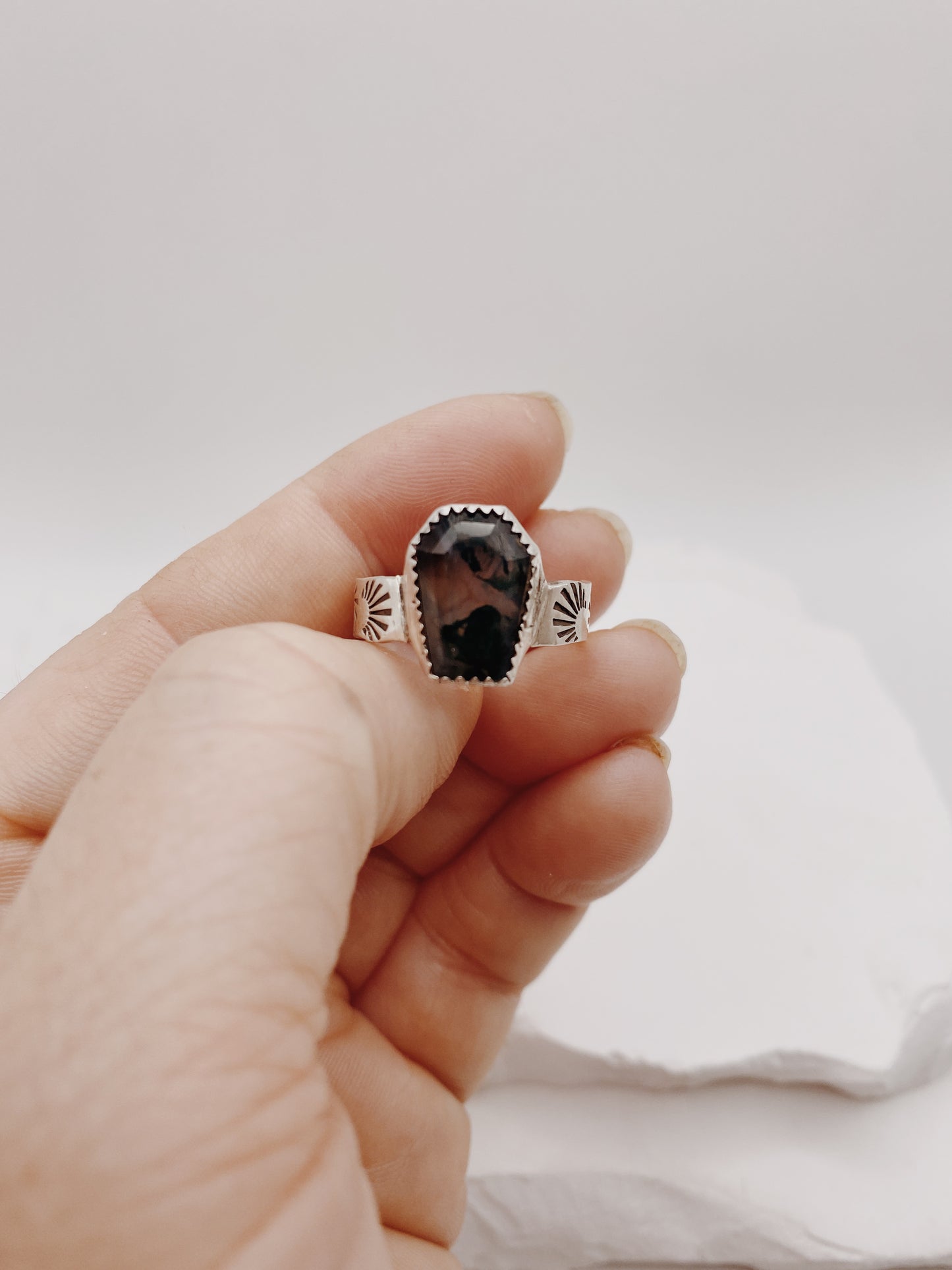 Moss Agate Coffin Ring